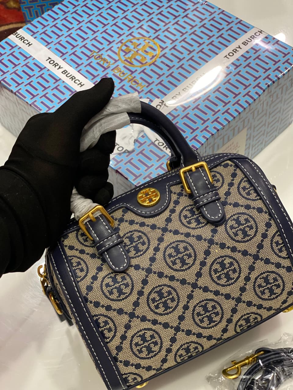 Tory Burch T Monogram Jacquard Barrel Petite Bag (2) Tory Burch T Monogram Jacquard Barrel Petite Bag